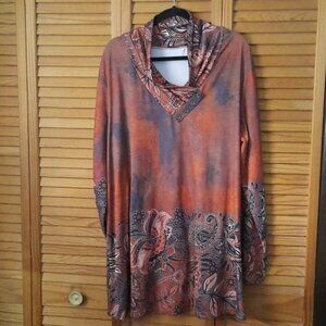 Azalea by Firmiana Orange and Brown Print Long Sleeve Cowl Neck Tunic Size 4X